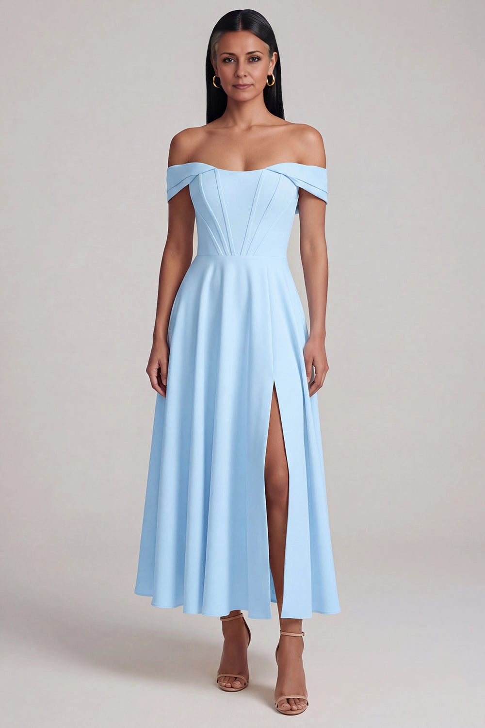 Charming A-Line Off Shoulder Short Sleeve Back Zip Midi Wedding Guest Dress