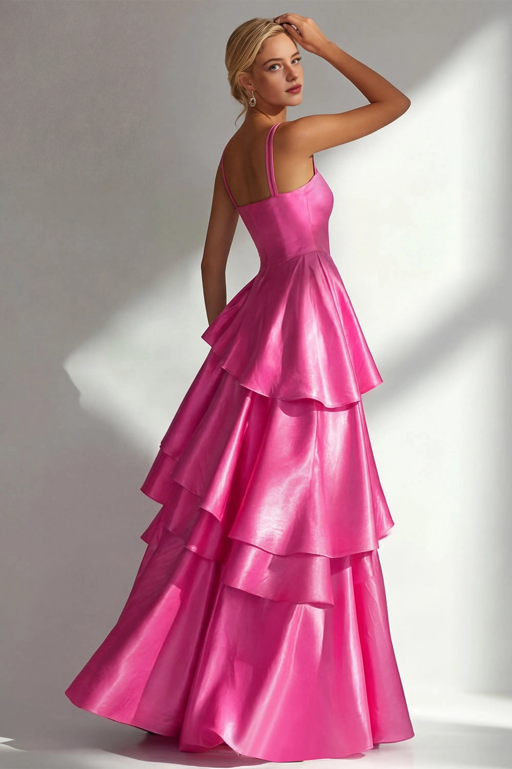 Shiny A Line Square Neck Straps Open Back Tiered Maxi Wedding Guest Dress