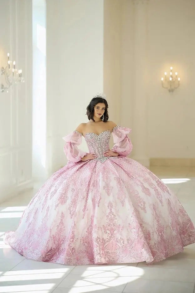 Ball Gown Strapless Sweetheart Detachable Puff Sleeves Glitter Lace Corset Back Big Bow Quinceanera Dress