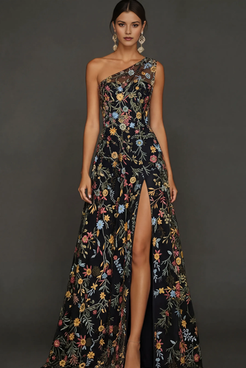 Striking A-Line One Shoulder Sleeveless Evening Dress Tulle Floral Embroidery High Slit Prom Dress