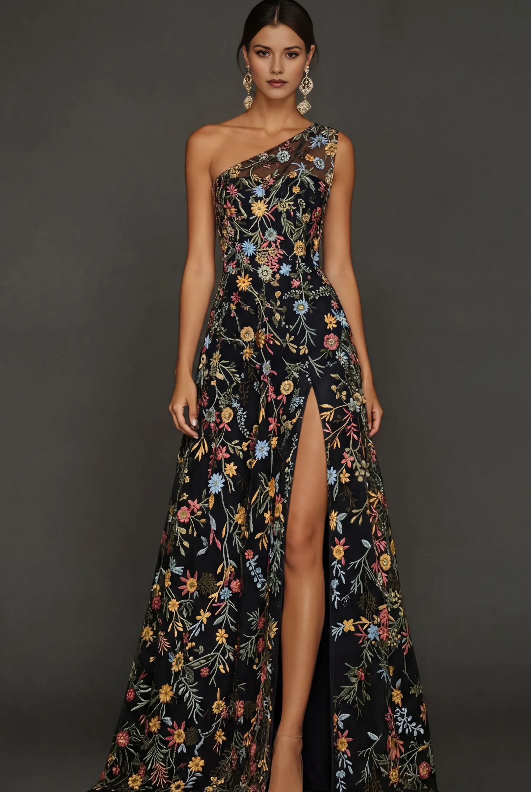 One Shoulder Multicolor Floral Embroidery Tulle A-Line Formal Gown with High Slit