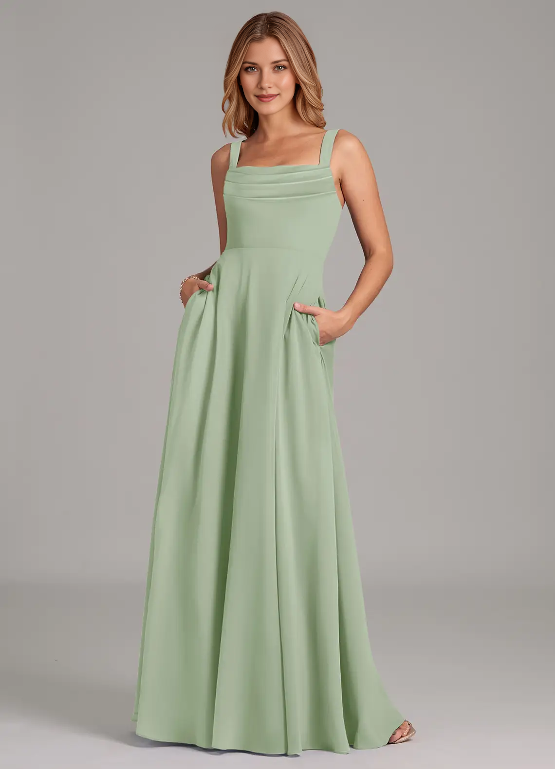 Square Neck Pleated Bodice Chiffon A-Line Floor-Length Bridesmaid Dress with Pockets