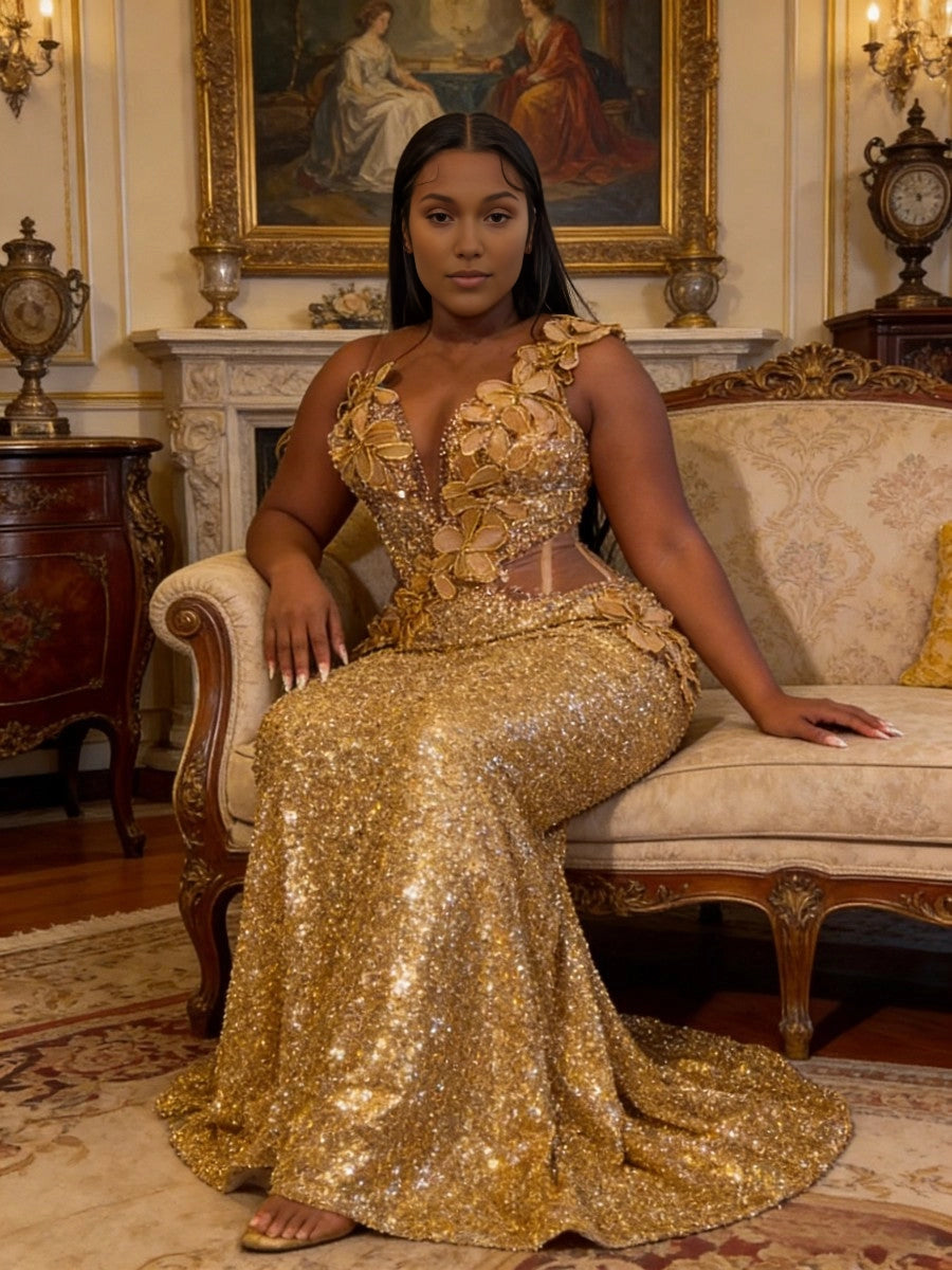 Luxurious Mermaid Plunging‑V Spaghetti‑Strap Corset‑Back Floor‑Length Plus Size Prom Dress