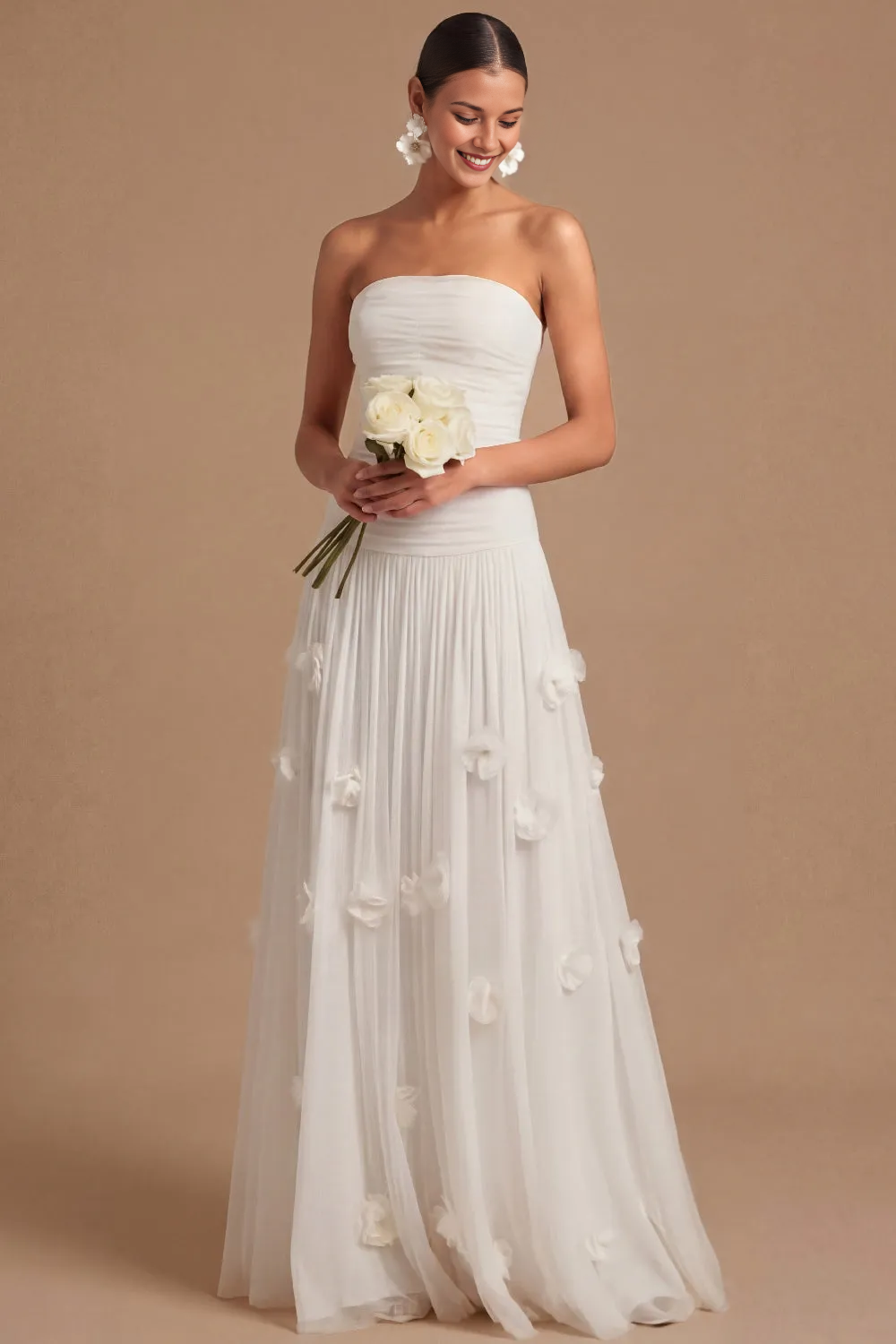 Strapless Ruched Bodice Tulle Gown with 3D Floral Appliqués