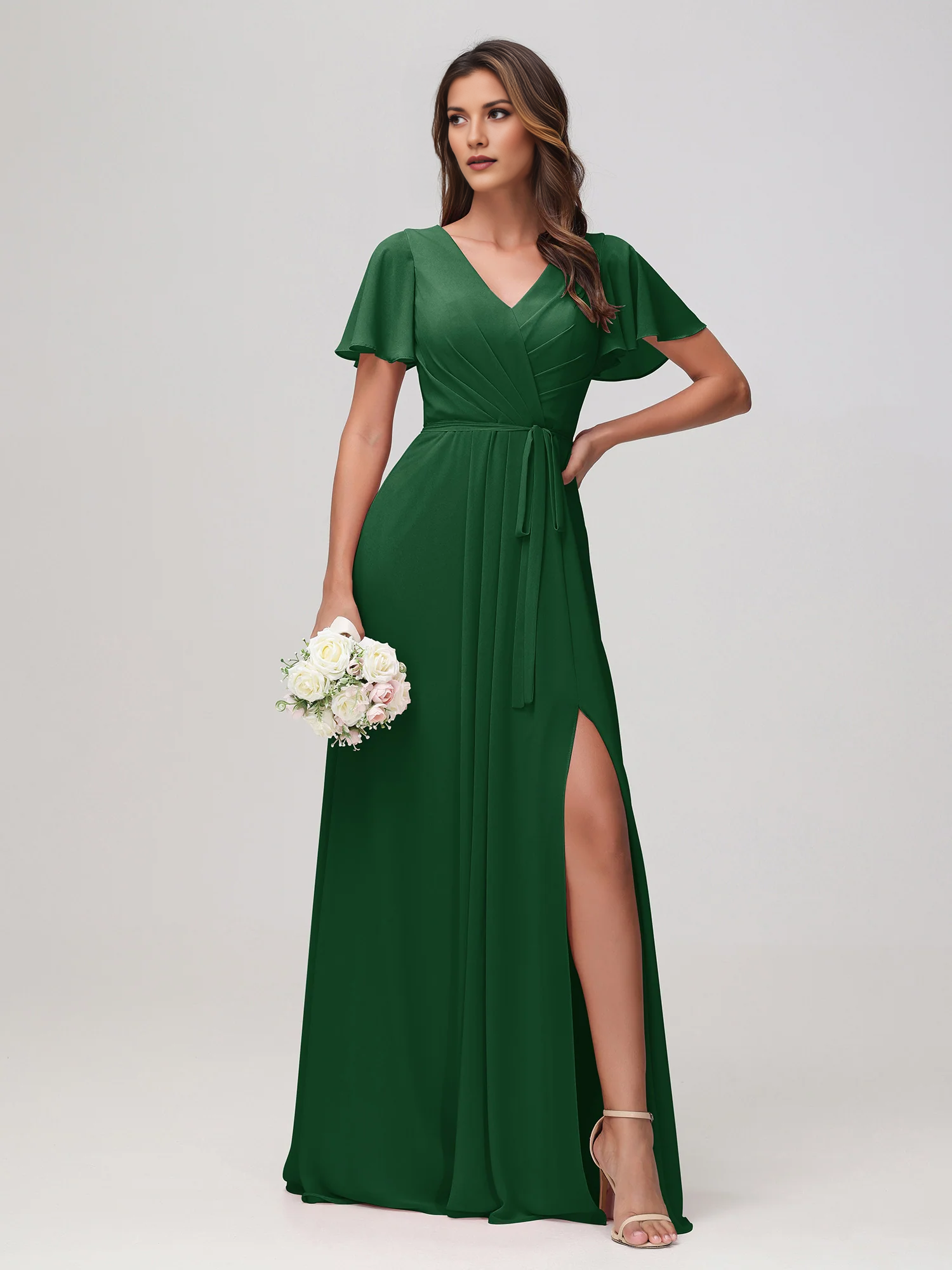 Flutter Sleeve Chiffon V-Neck Bridesmaid Dress with Waist Tie & High Slit