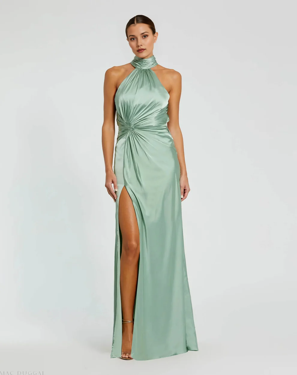 Halter Neck Twist Waist Satin Gown with Open Back & High Slit