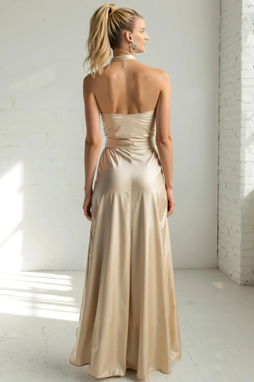 Halter Neck Satin A-Line Bridesmaid Dress with Crossed Front