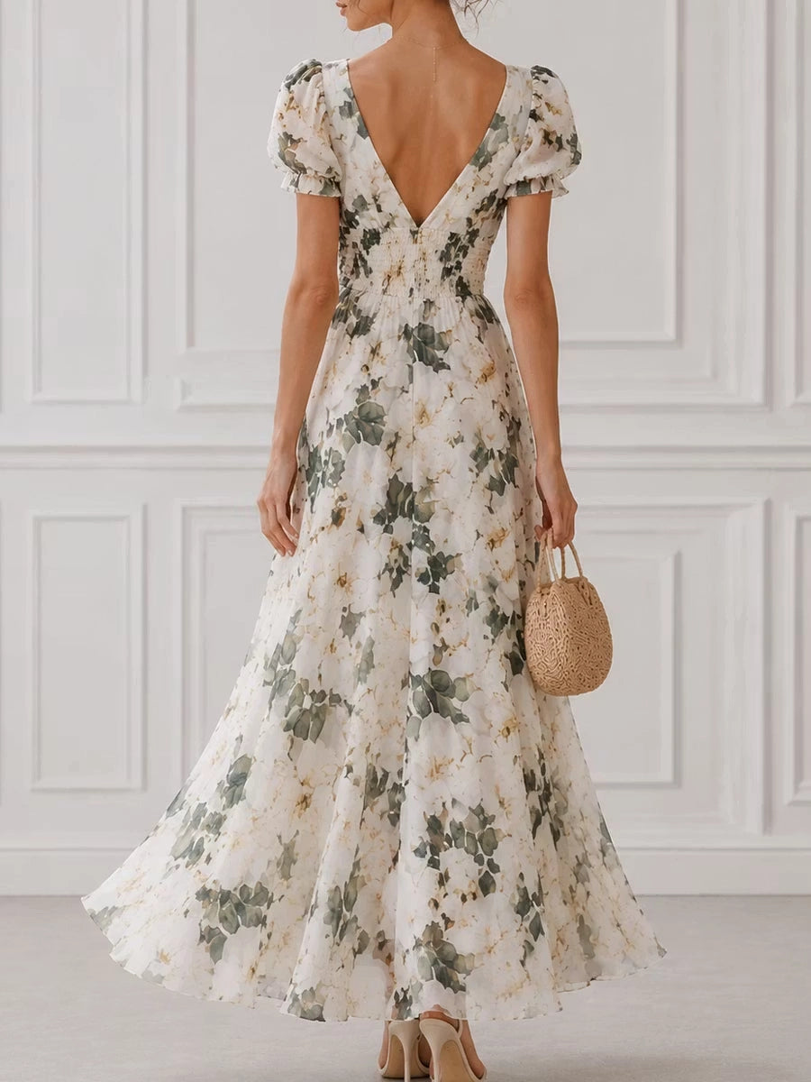 Floral A-line V-neck Puff Sleeve Low Back Midi Bridesmaid Dress