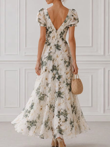 Floral A-line V-neck Puff Sleeve Low Back Midi Bridesmaid Dress