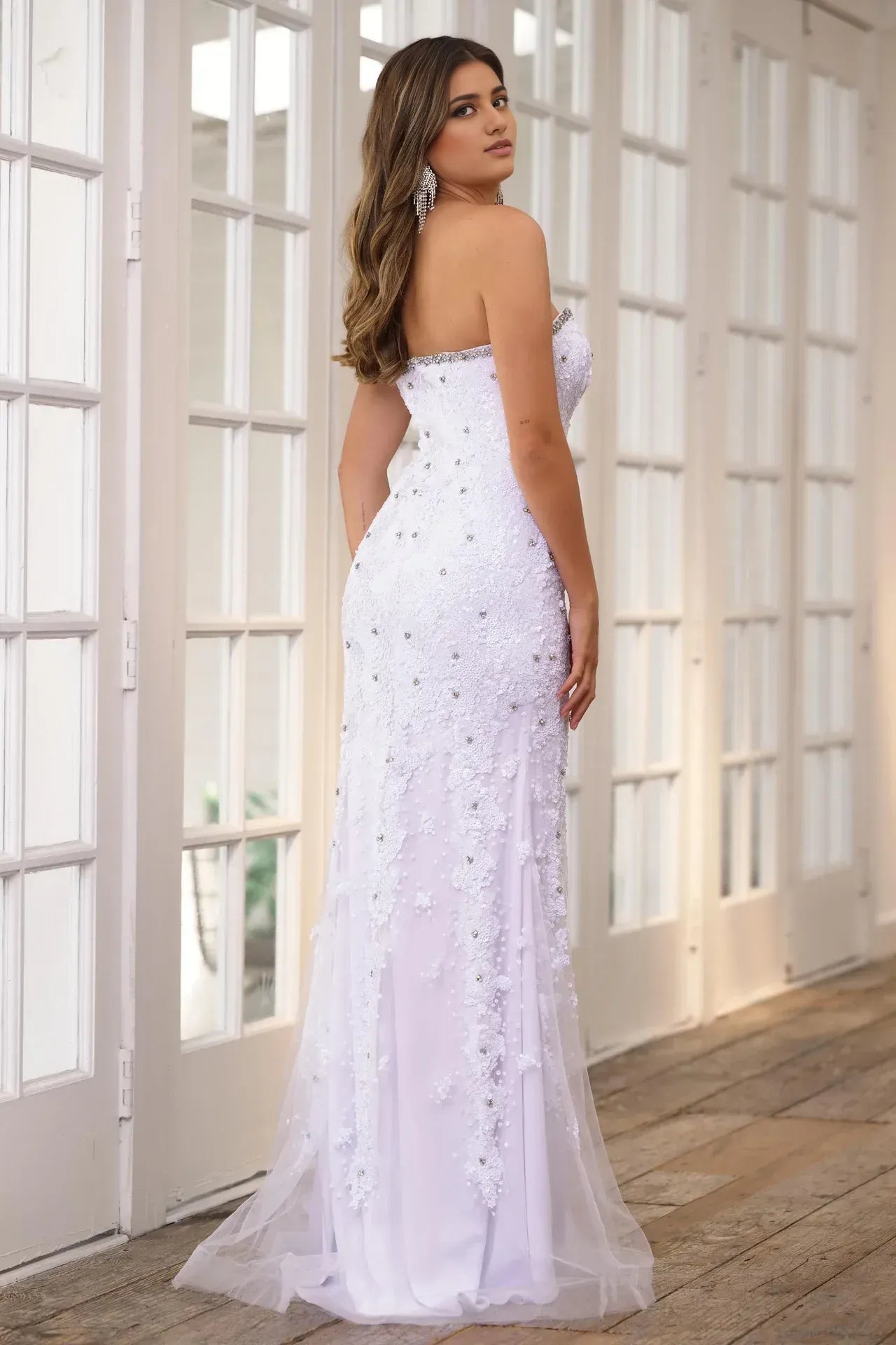 Elegant Sheath Strapless Sequin Lace Rhinestone Trim High Slit Floor Length Prom Dress