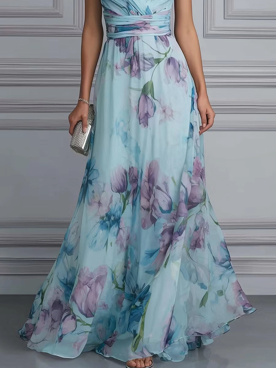 Floral Mermaid Halter Sleeveless Open Back Floor Length Bridesmaid Dress