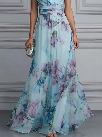 Floral Mermaid Halter Sleeveless Open Back Floor Length Bridesmaid Dress