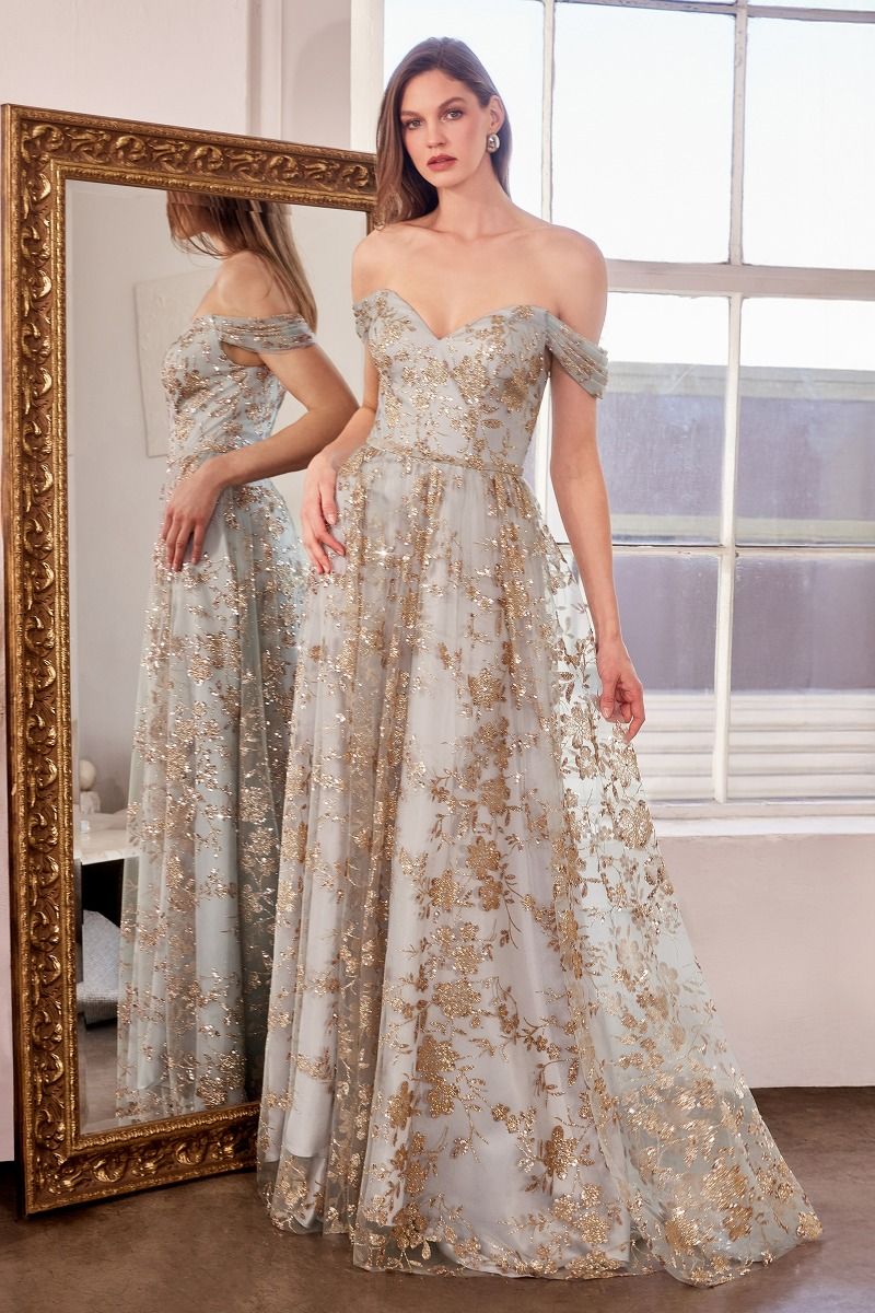 Floral Sequin Off-the-Shoulder Ball Gown - Deep V Formal Prom & Wedding Guest Dress