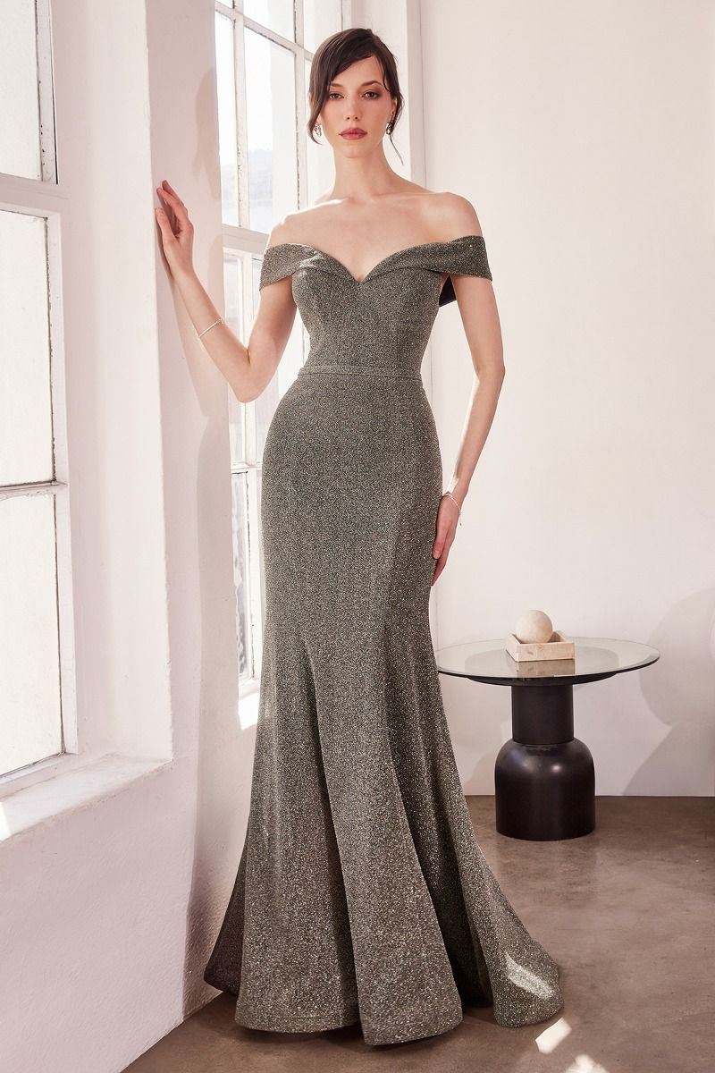 Vestido de noche formal de sirena con escote en V pronunciado, hombros descubiertos y purpurina - Vestido de fiesta de graduación y para invitada de boda