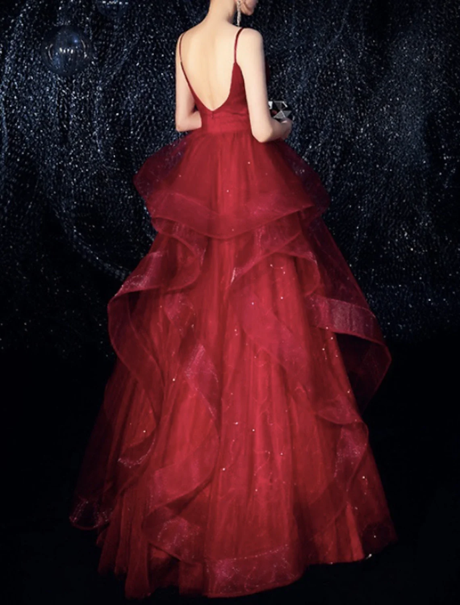 Sparkle Ruffled Tulle Ball Gown | Spaghetti Straps V-Neck Formal Dress