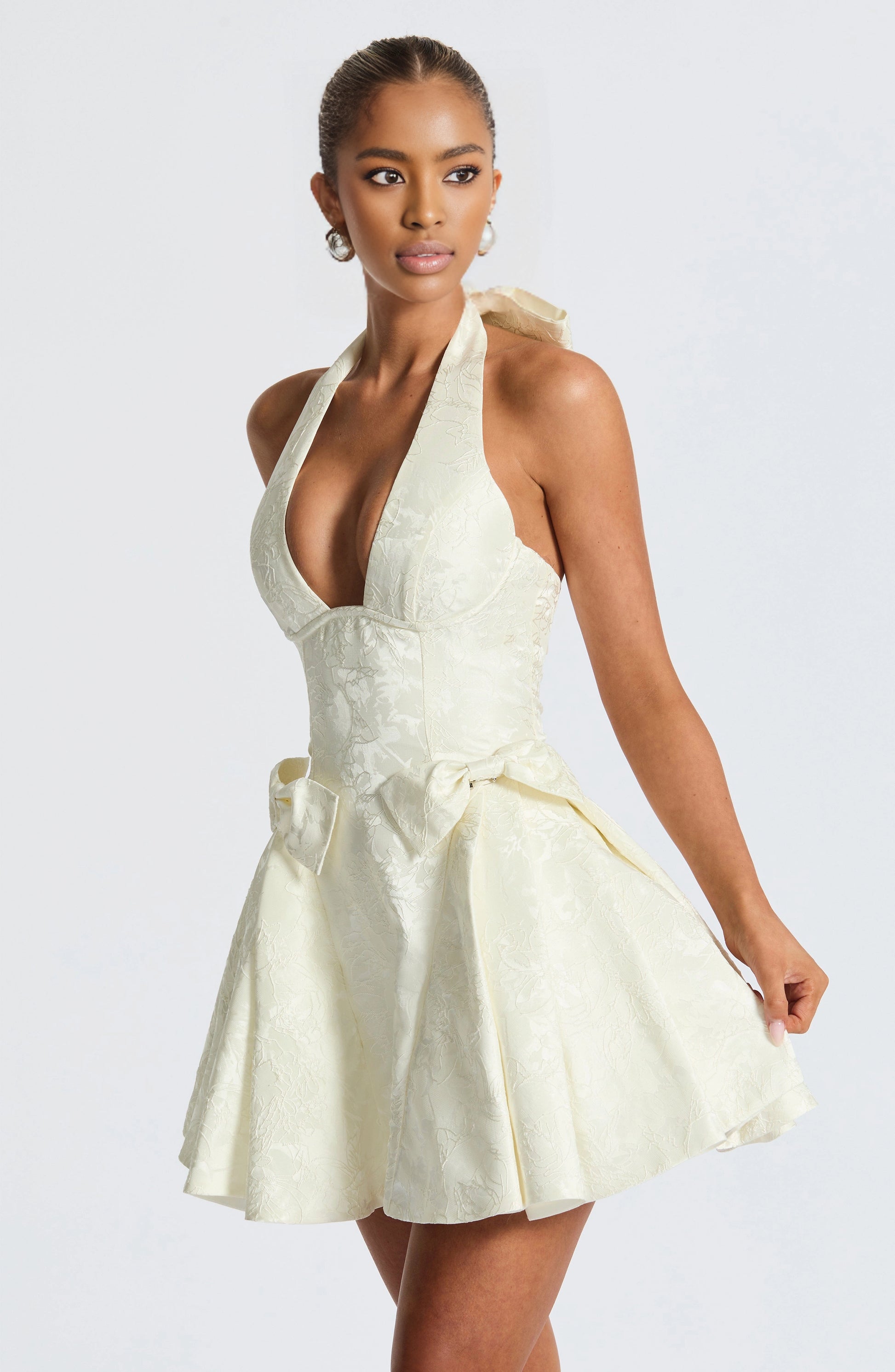 Cream A Line Halter Lace Up Back Bow Mini Homecoming Dress
