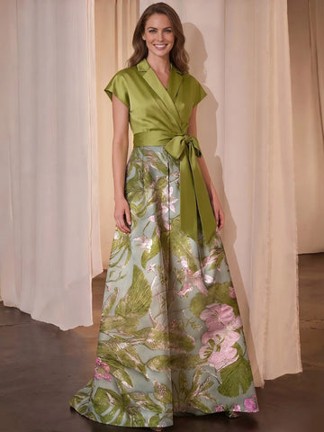 Elegant A-Line Collared Short Sleeve Satin Jacquard Mother of the Bride Dress Belted Floral Evening Dress