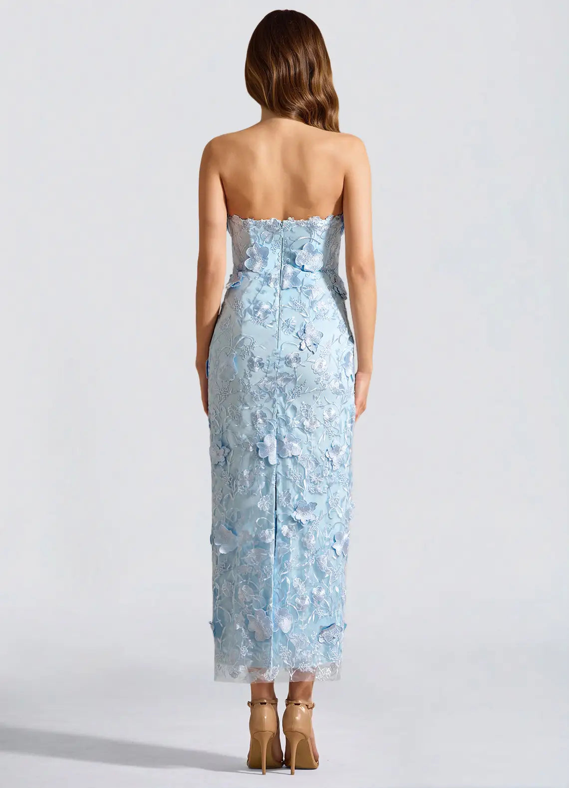 Glamorous Mermaid Strapless Sleeveless Lace Midi Back Zip Formal Wedding Guest Dress
