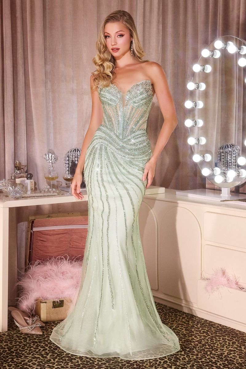 Strapless mermaid prom gown with sheer corset bodice, beaded embellishment, fishtail skirt, and sparkling formal detail by VEDRESS