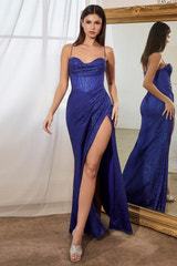 Glitter Mermaid Gown Halter Neck Corset Bodice Ruched Detail High Slit Formal Prom & Wedding Guest Dress
