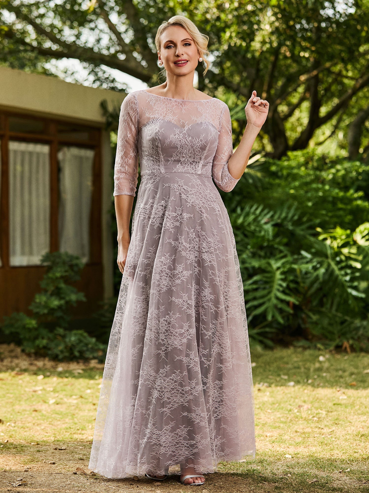 Dusty Lavender Lace 3/4 Sleeve A-Line Maxi Dress – Formal Mother of the Bride Gown