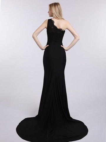 Vestido largo de fiesta de sirena negro con un solo hombro, corpiño de encaje, lazo en la cintura y cola de barrido para bailes de graduación y eventos de etiqueta.