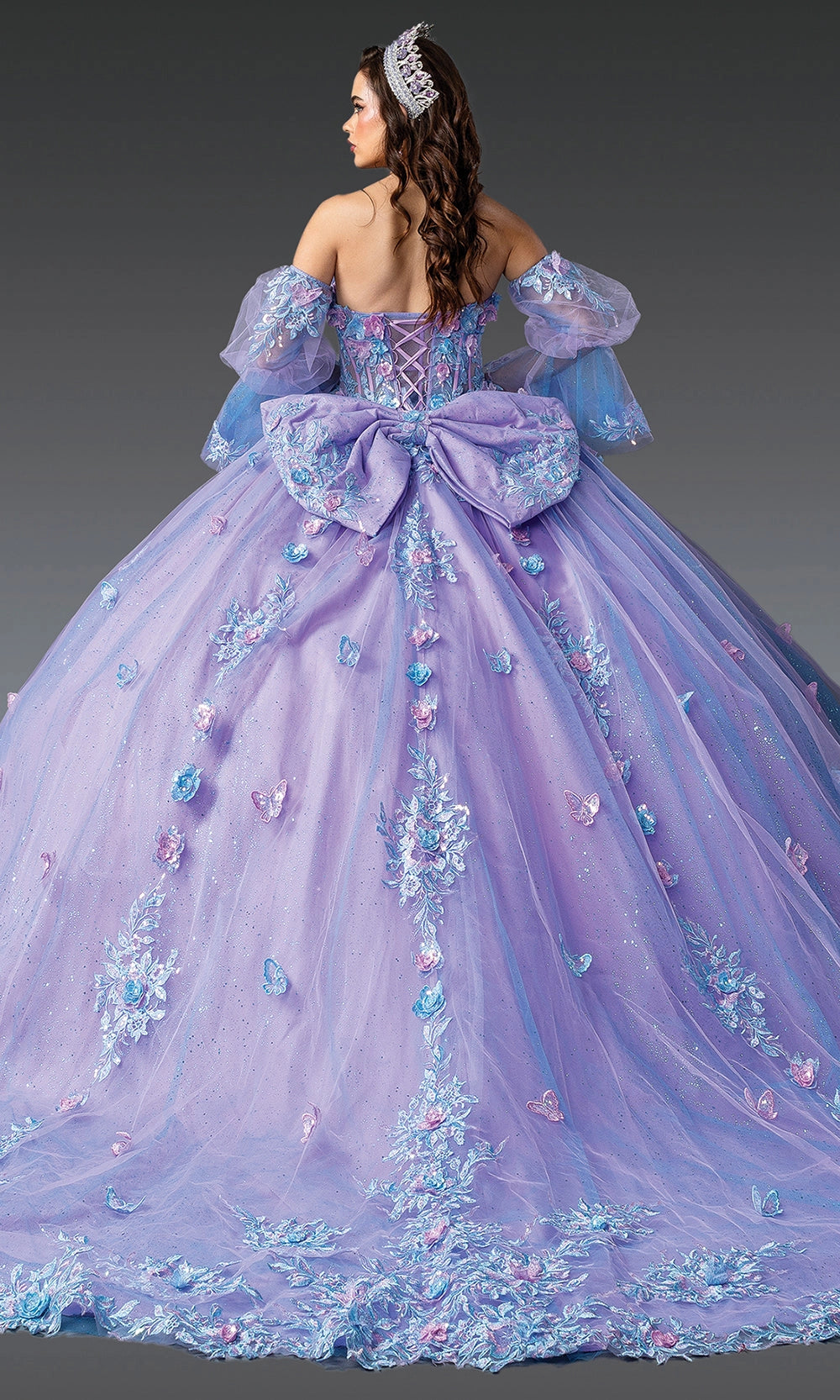 Vedress lavender quinceanera dress corset back big bow long train 3d floral butterfly appliques back view