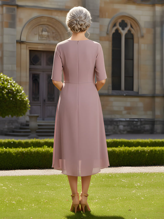 Dusty Pink Chiffon Midi Dress – 3/4 Sleeve Ruched Waist Formal Mother of the Bride Gown