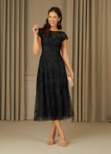 Elegant A-Line Boat Neck Cap Sleeve V-Back Tea-Length Mother of the Bride Dress