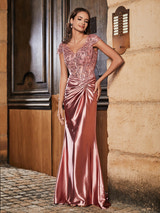 Satin Mermaid Gown Beaded Lace Cap Sleeve V-Neck Ruched Waist Detail Formal Prom & Wedding Guest Dress