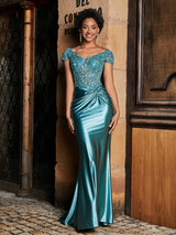 Satin Mermaid Gown Beaded Lace Cap Sleeve V-Neck Ruched Waist Detail Formal Prom & Wedding Guest Dress