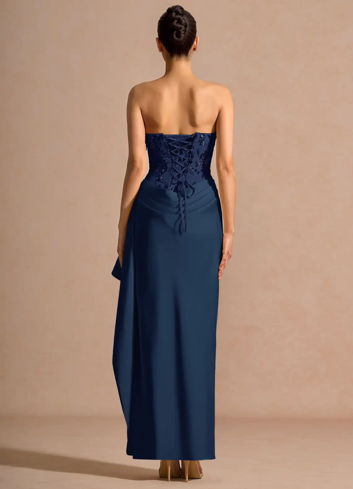 Mermaid Strapless Sleeveless Lace Satin Maxi Scarf Lace-up Formal Evening Dress