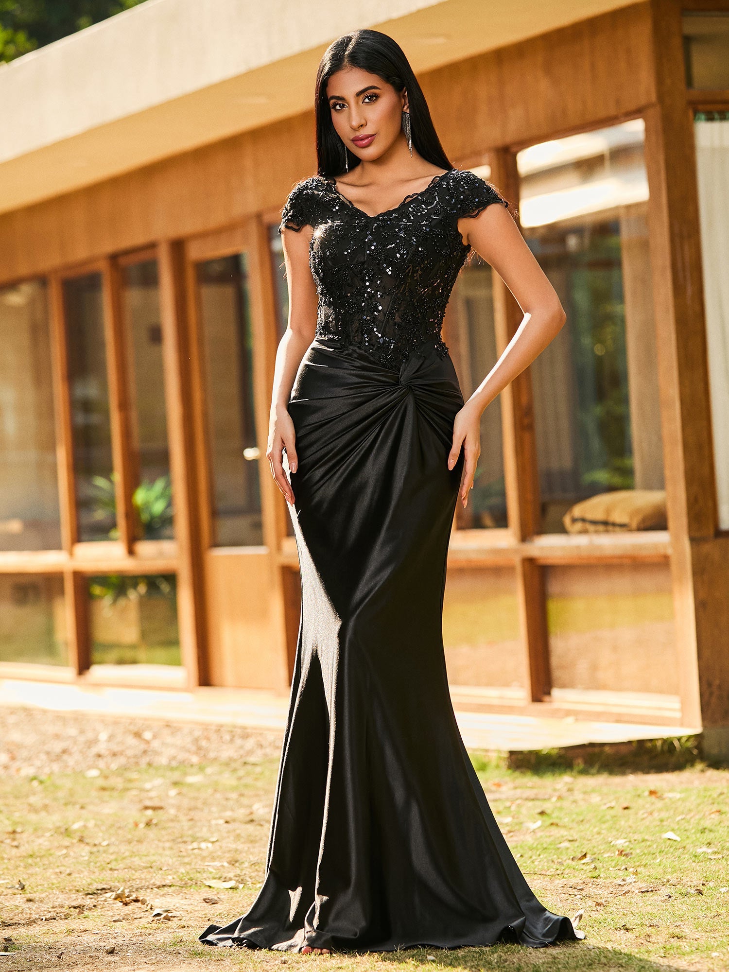 Satin Mermaid Gown Beaded Lace Cap Sleeve V-Neck Ruched Waist Detail Formal Prom & Wedding Guest Dress