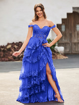 Mermaid Gown Tulle Off-the-Shoulder Sweetheart Neck Corset Bodice Tiered Lace Appliqué High Slit Formal Prom & Wedding Guest Dress