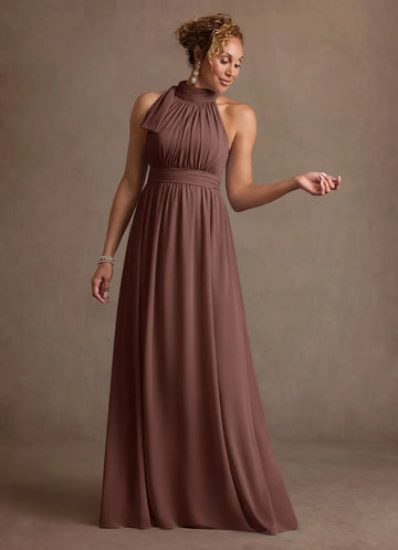 Sophisticated A-line Halter-neck Sleeveless Chiffon Floor-length Ruched-bodice Bow-neck Evening Gown