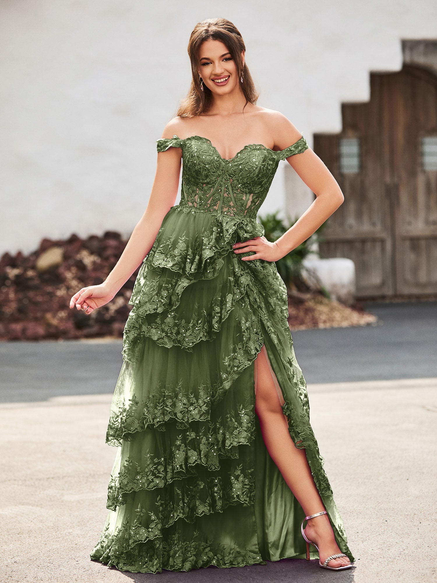 Mermaid Gown Tulle Off-the-Shoulder Sweetheart Neck Corset Bodice Tiered Lace Appliqué High Slit Formal Prom & Wedding Guest Dress