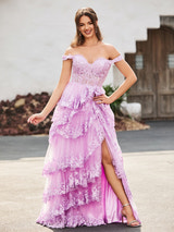 Mermaid Gown Tulle Off-the-Shoulder Sweetheart Neck Corset Bodice Tiered Lace Appliqué High Slit Formal Prom & Wedding Guest Dress