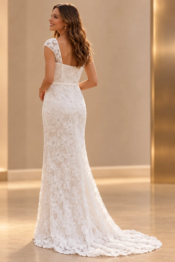 Vedress floral lace trumpet wedding dress with a low square back, central zipper, fitted waist and soft sweep train, back view