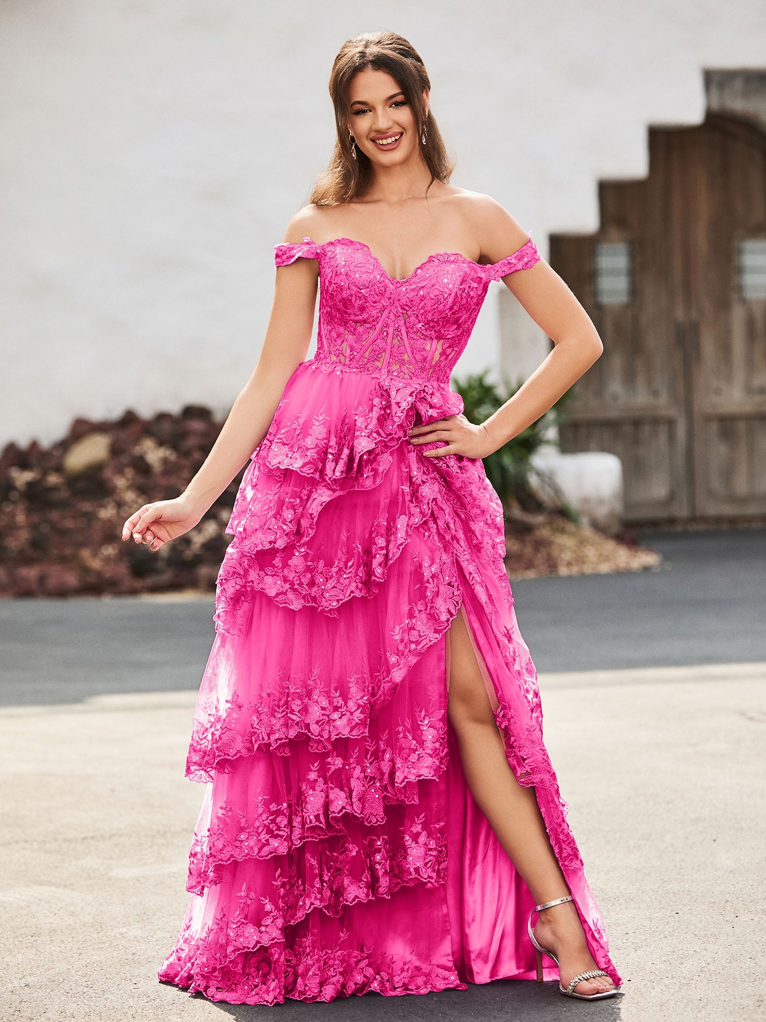 Mermaid Gown Tulle Off-the-Shoulder Sweetheart Neck Corset Bodice Tiered Lace Appliqué High Slit Formal Prom & Wedding Guest Dress