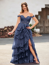 Mermaid Gown Tulle Off-the-Shoulder Sweetheart Neck Corset Bodice Tiered Lace Appliqué High Slit Formal Prom & Wedding Guest Dress
