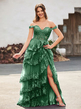 Mermaid Gown Tulle Off-the-Shoulder Sweetheart Neck Corset Bodice Tiered Lace Appliqué High Slit Formal Prom & Wedding Guest Dress
