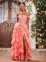 Mermaid Gown Tulle Off-the-Shoulder Sweetheart Neck Corset Bodice Tiered Lace Appliqué High Slit Formal Prom & Wedding Guest Dress