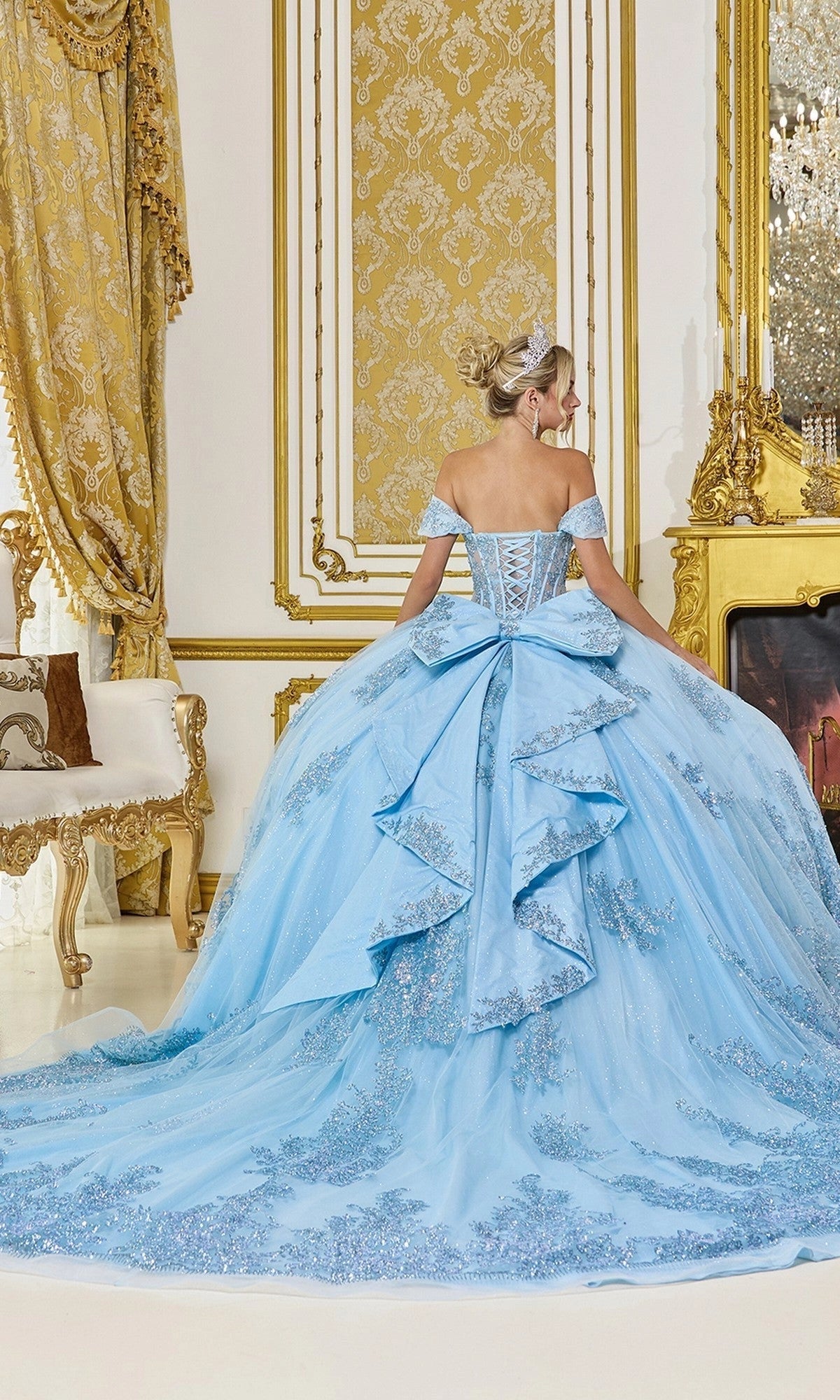 Vedress ice blue quinceanera dress lace‑up corset back large layered bow chapel‑train ballgown back view