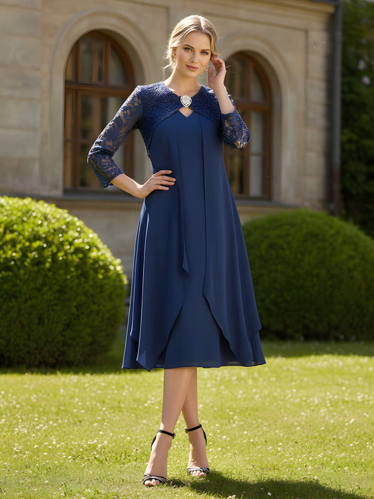Navy Blue Lace Yoke Chiffon Midi Dress – 3/4 Sleeve Formal Mother of the Bride Gown with Brooch
