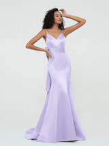 Royal Blue Satin Spaghetti Strap Formal Gown V-Neck Bow Waist Mermaid Maxi Dress with Sweep Train for Prom and Black-Tie Events