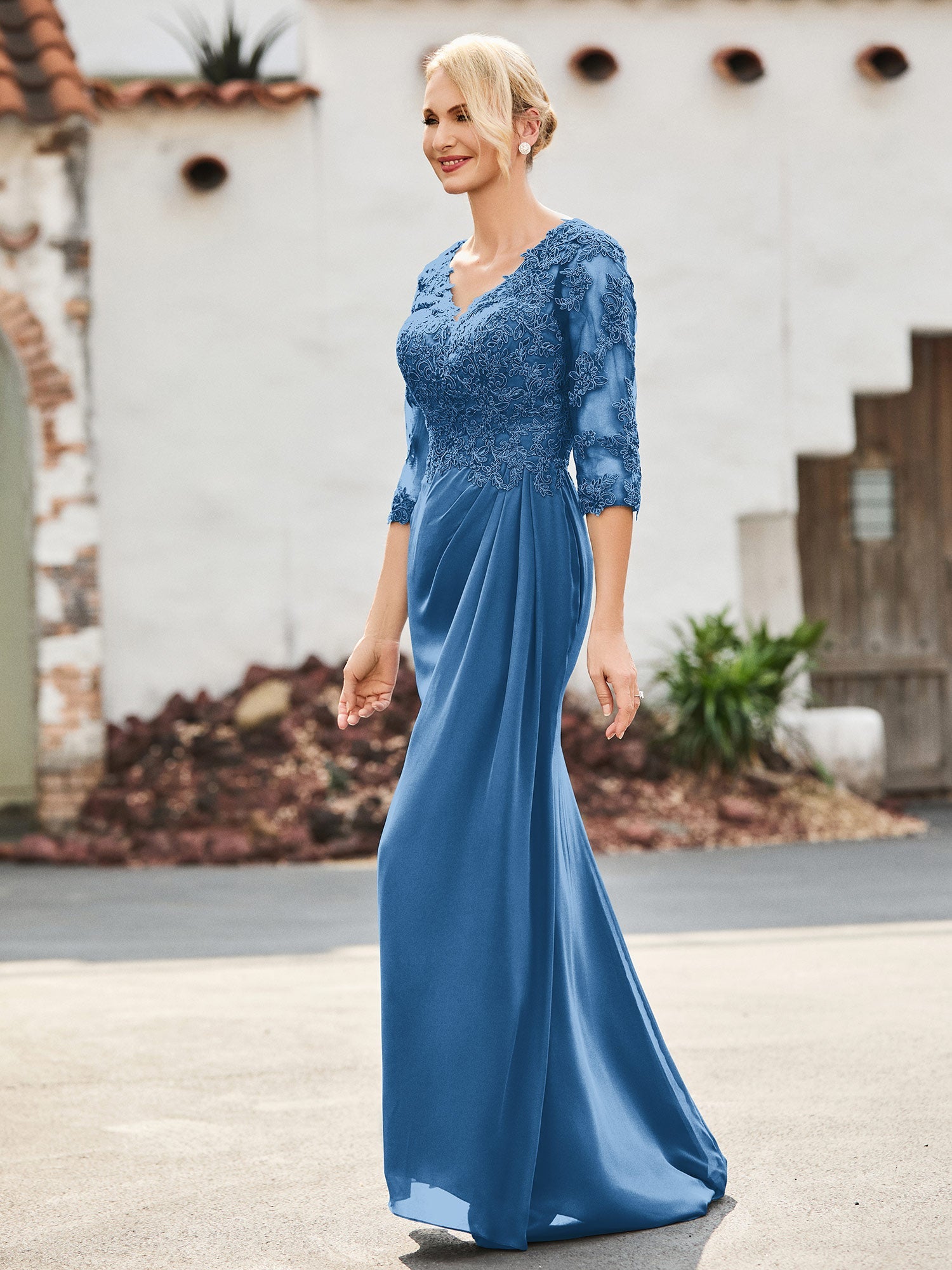 Steel Blue Lace Applique V-Neck 3/4 Sleeve Chiffon Formal Evening Gown
