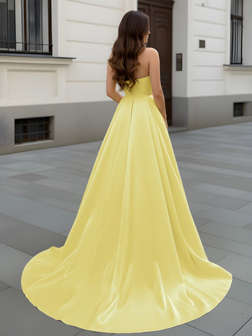 Vestido formal de satén amarillo narciso, sin tirantes, escote corazón, plisado, corte A, largo hasta el tobillo, con cola para graduaciones y eventos de boda
