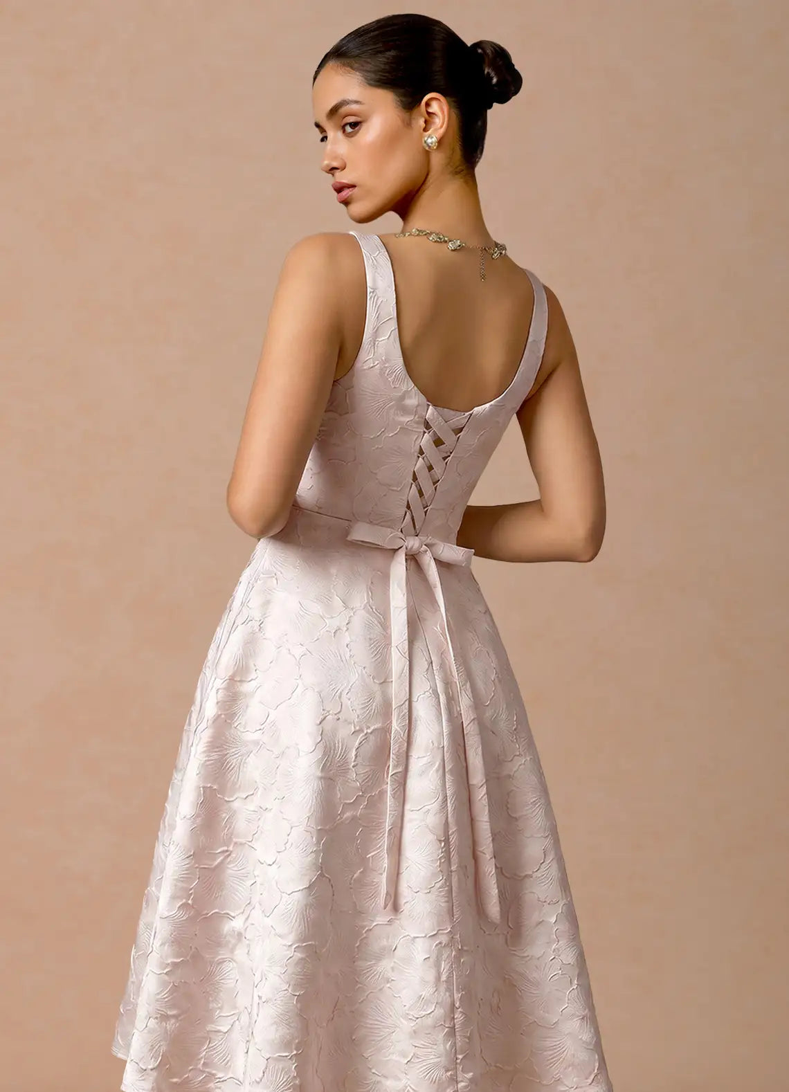 Elegant Flare Square Sleeveless Jacquard Midi Corset Back Pockets Cocktail Dress