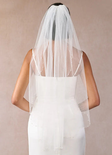 Elegant Sheer Tulle Beaded Edge Two-Tier Fingertip Bridal Wedding Veil