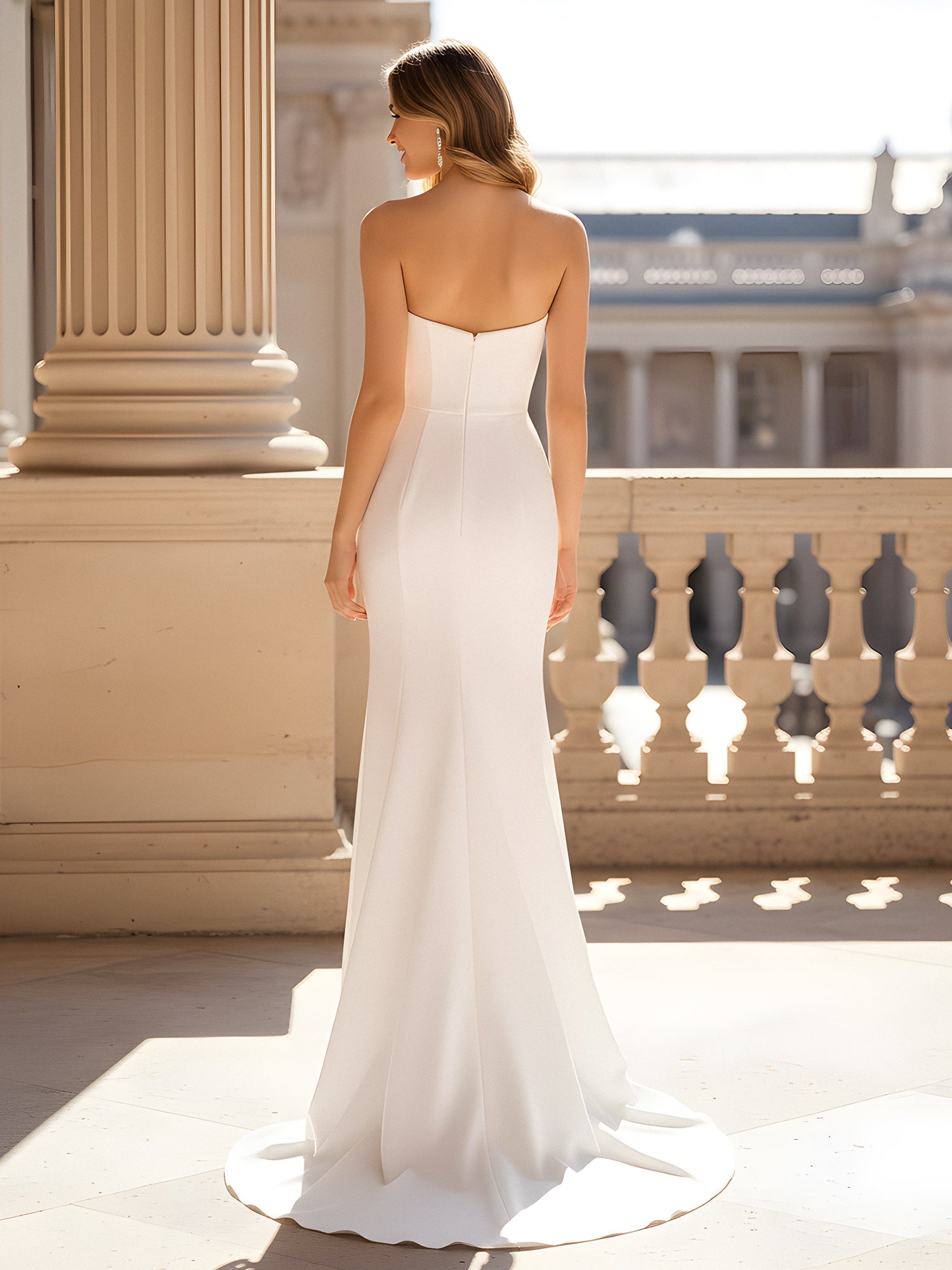 Minimalist White Satin Mermaid Wedding Dresses Strapless Asymmetrical Neckline with Ruched Waist and High Thigh Slit Formal Dress for Modern Brides & Reception